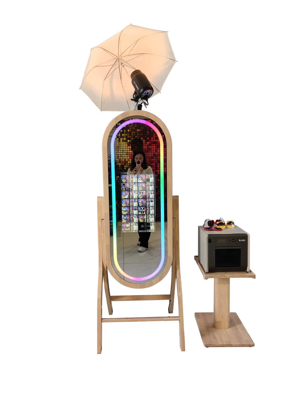 55-inch wood mirror photo booth with 21.5-inch touch screen and printer stand, ideal for events and photo booth setups.