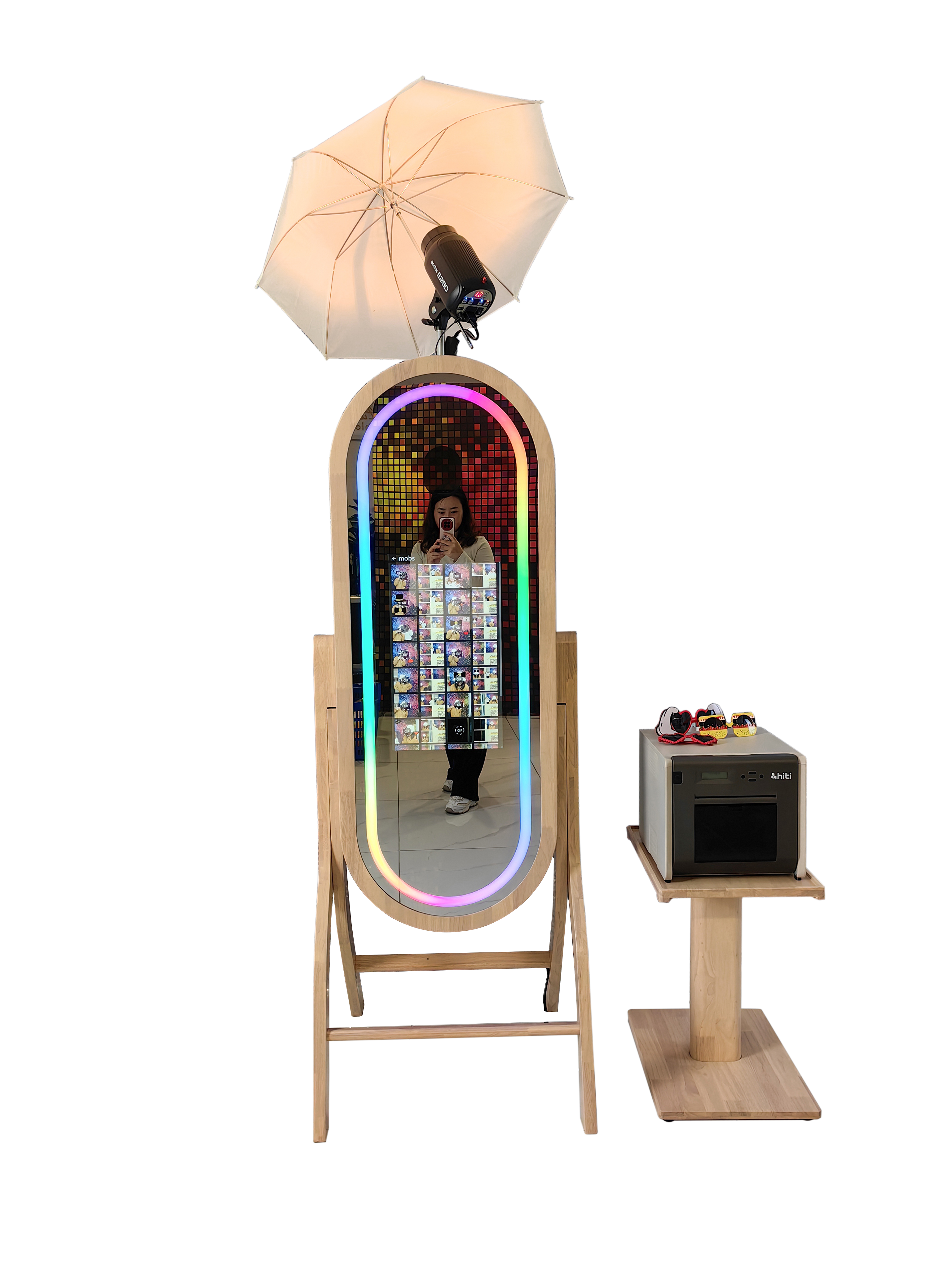 55-inch wood mirror photo booth with 21.5-inch touch screen and printer stand, ideal for events and photo booth setups.