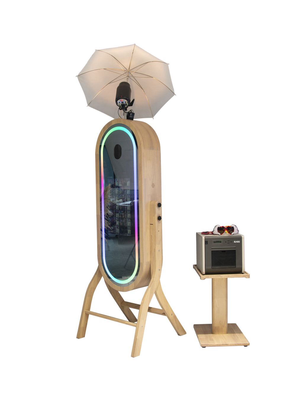 55-inch wooden mirror photo booth with 21.5-inch touch screen, ideal for events and photo sessions, by DJ & Photo Booth Supply.