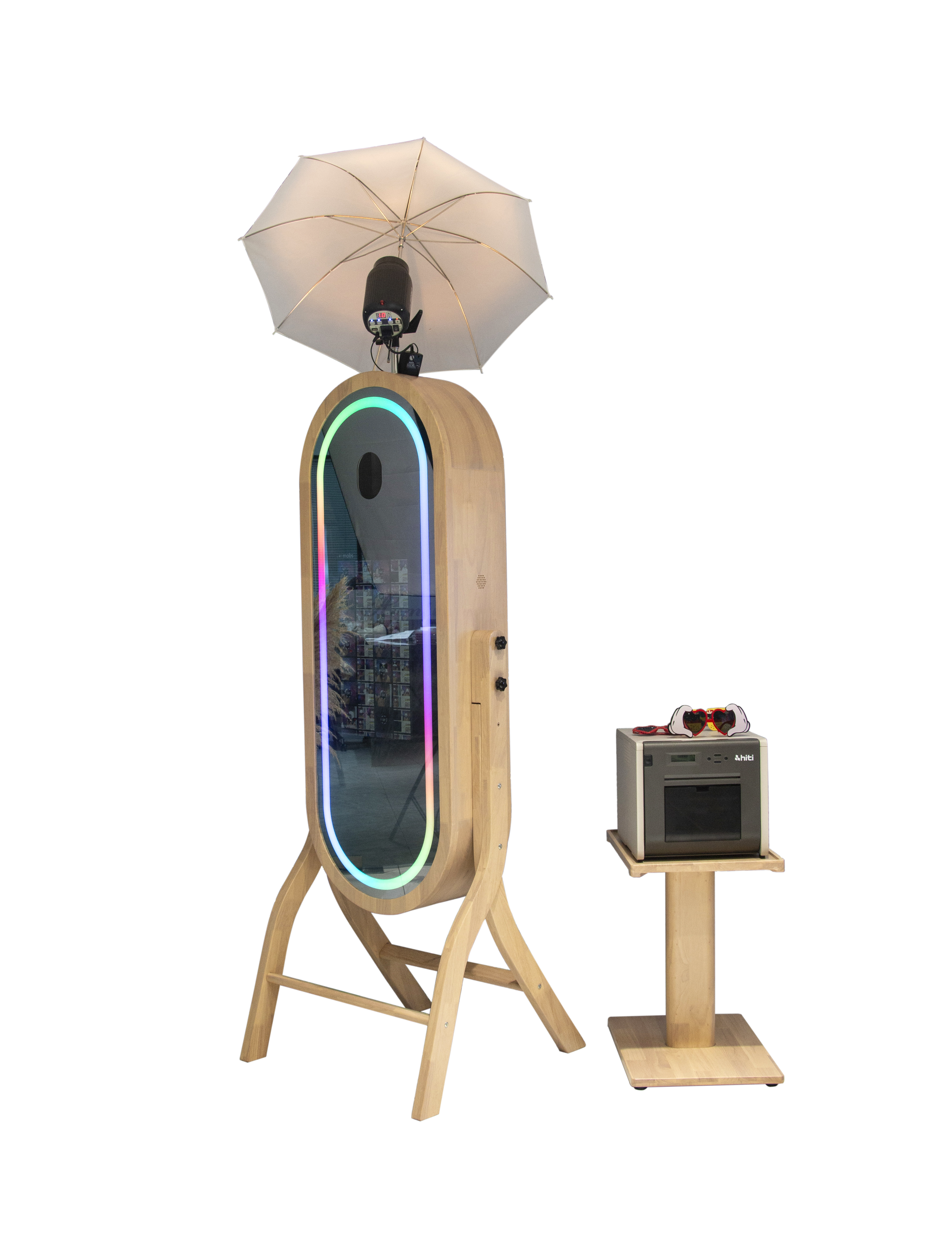 55-inch wooden mirror photo booth with 21.5-inch touch screen, ideal for events and photo sessions, by DJ & Photo Booth Supply.
