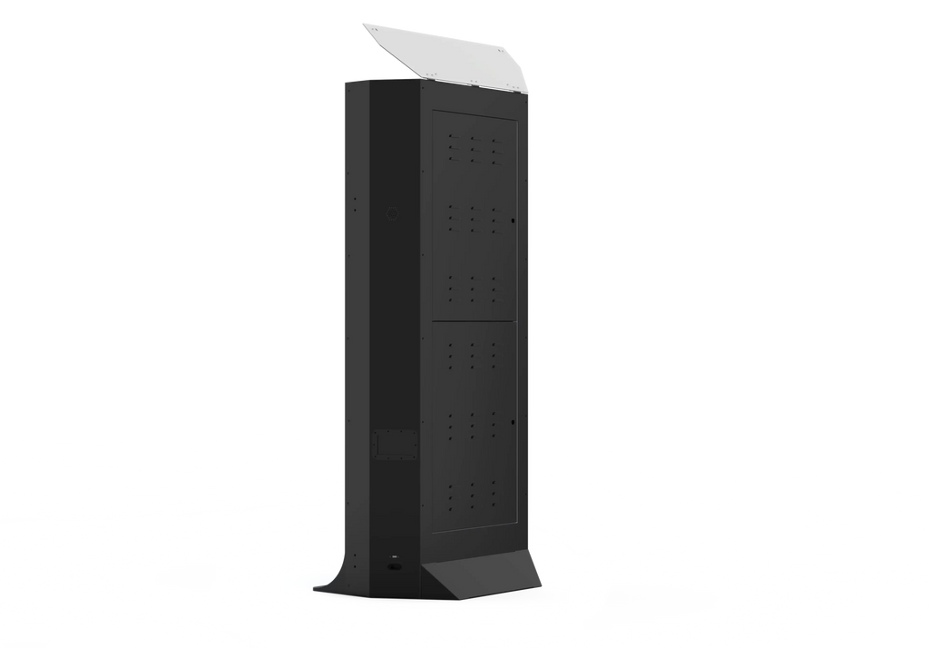 Black tower mirror photo booth with perforated rear panel and side profile