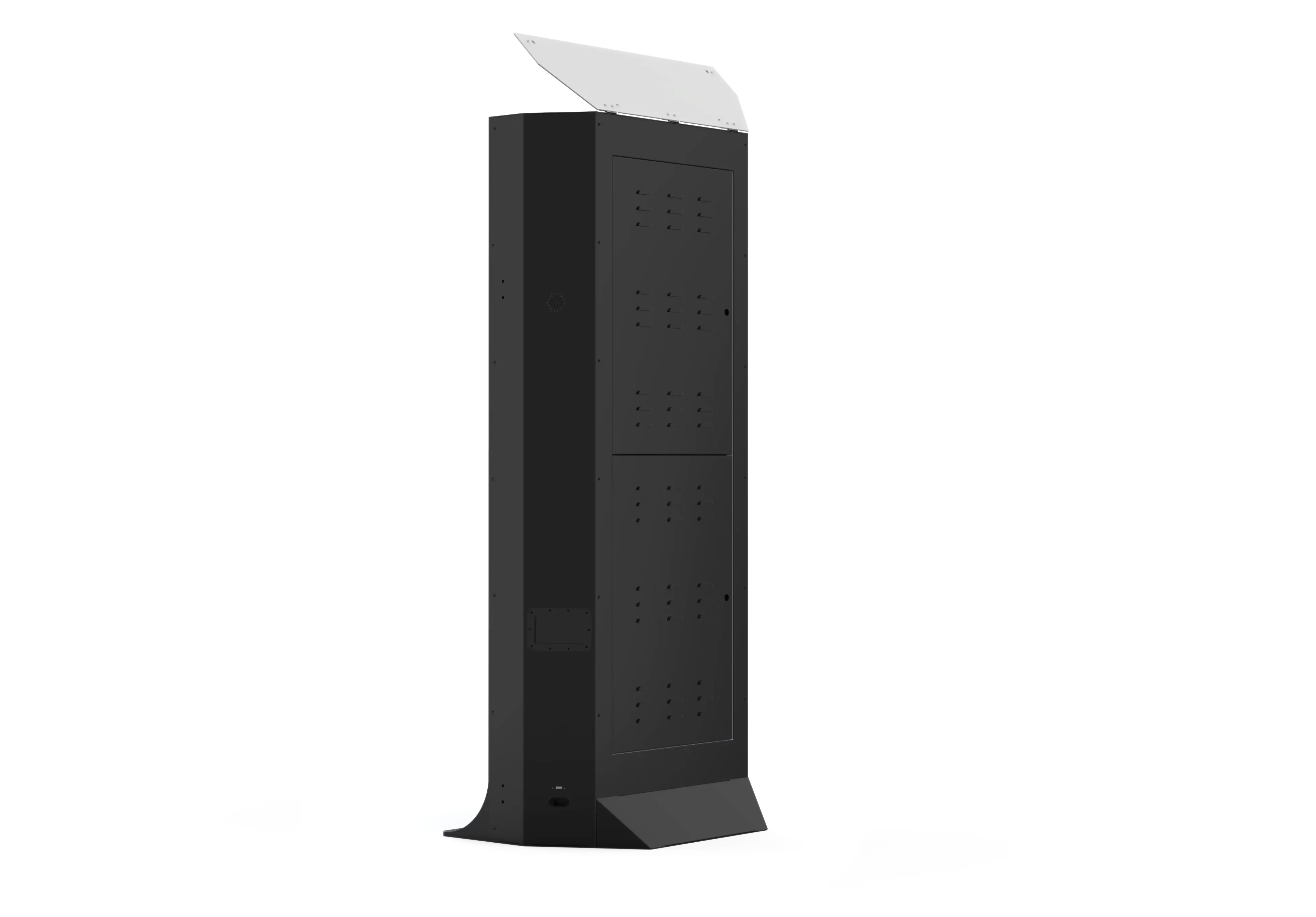 Black tower mirror photo booth with perforated rear panel and side profile