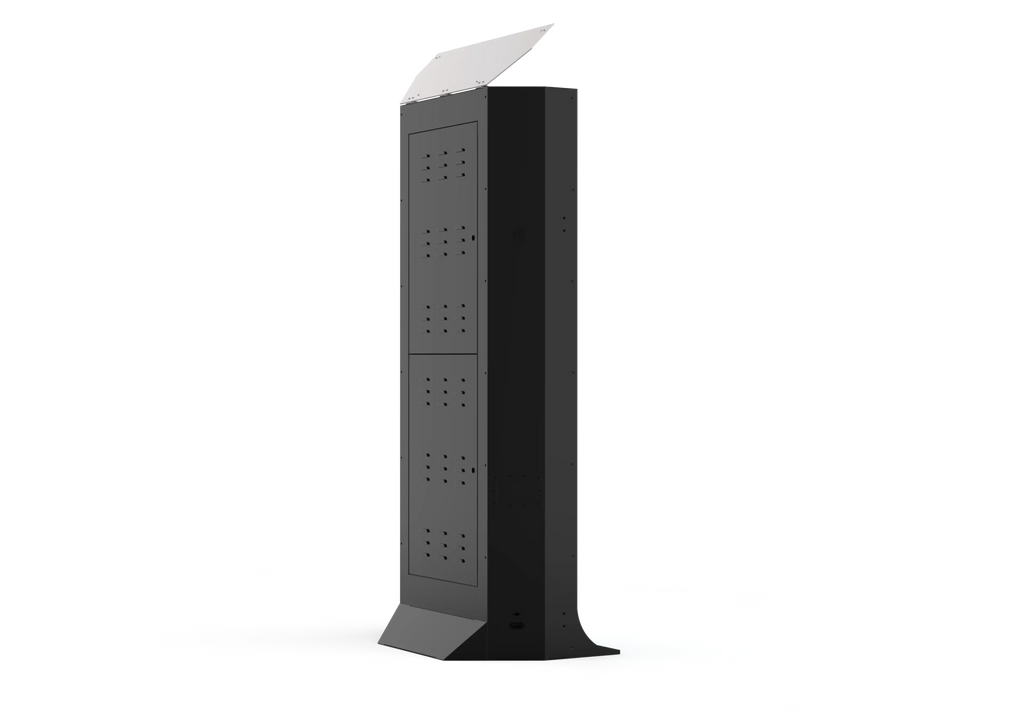 Black tower mirror photo booth kiosk with perforated front panel