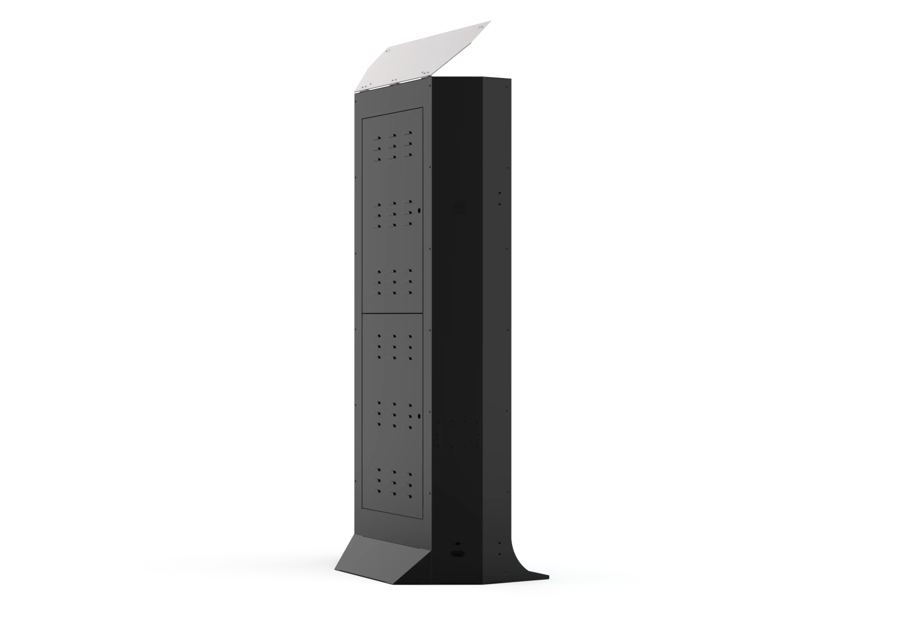 Black tower mirror photo booth kiosk with perforated front panel