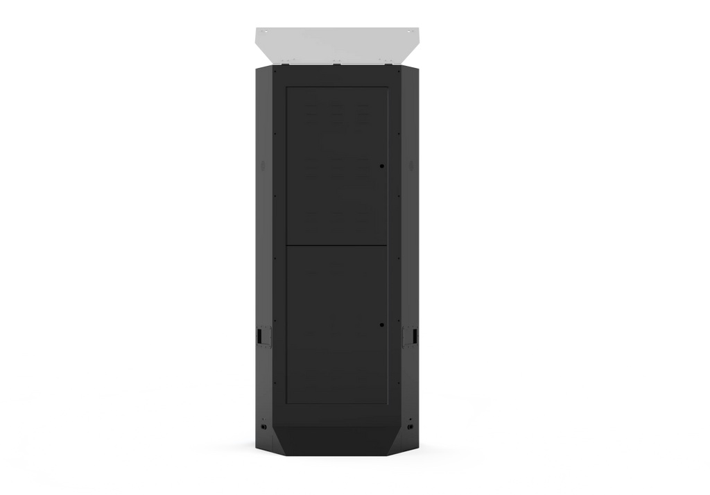Black tower mirror photo booth with closed back panel and base stand