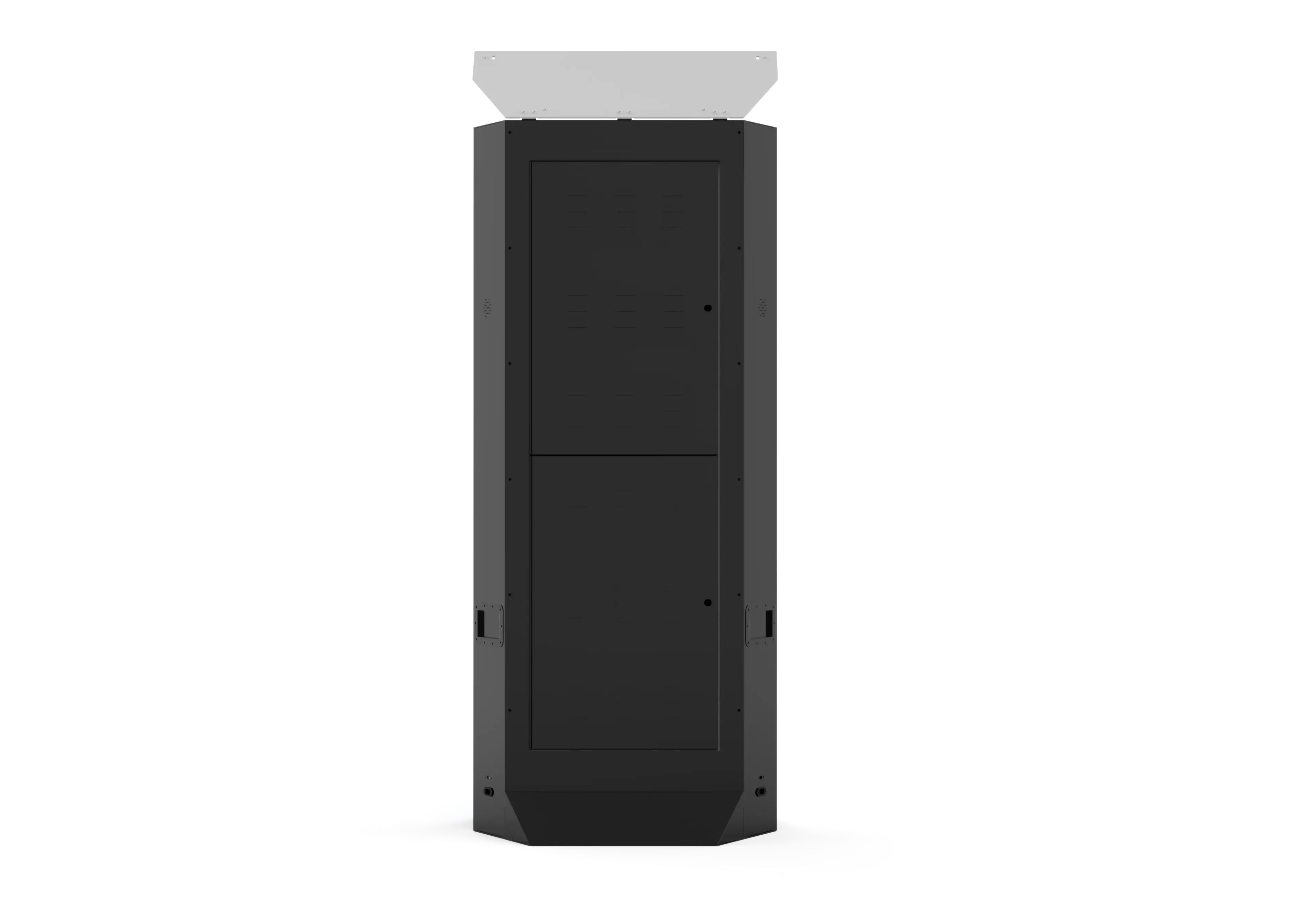 Black tower mirror photo booth with closed back panel and base stand