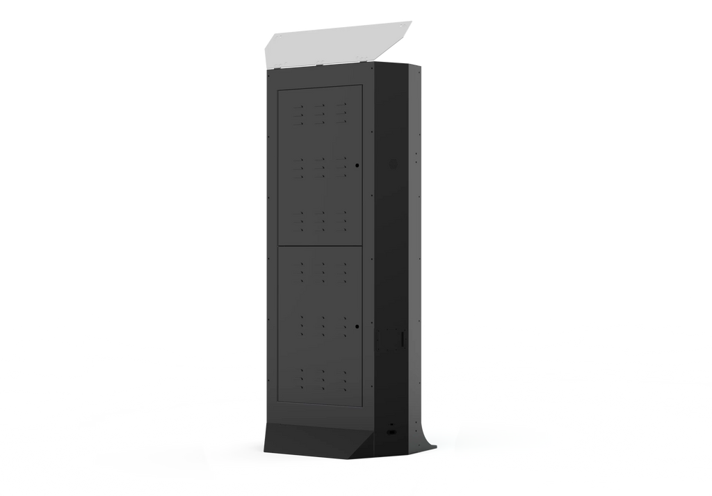 Black tower mirror photo booth kiosk in narrow side view
