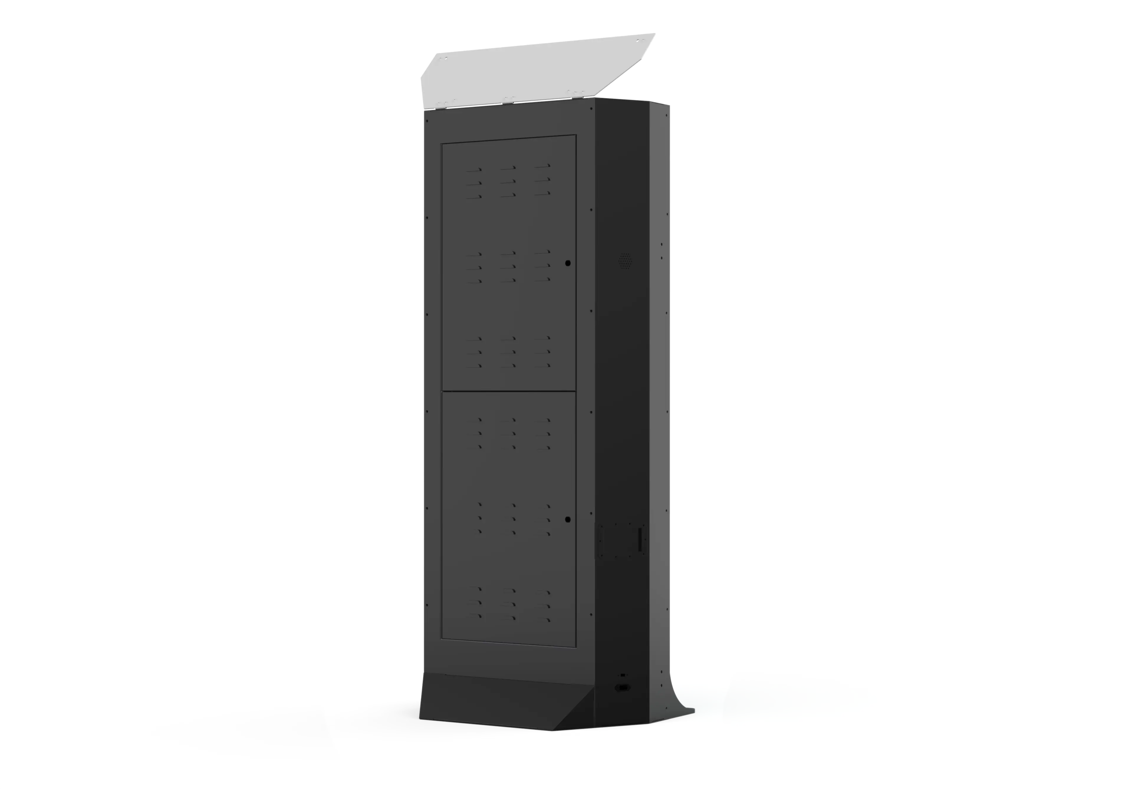 Black tower mirror photo booth kiosk in narrow side view
