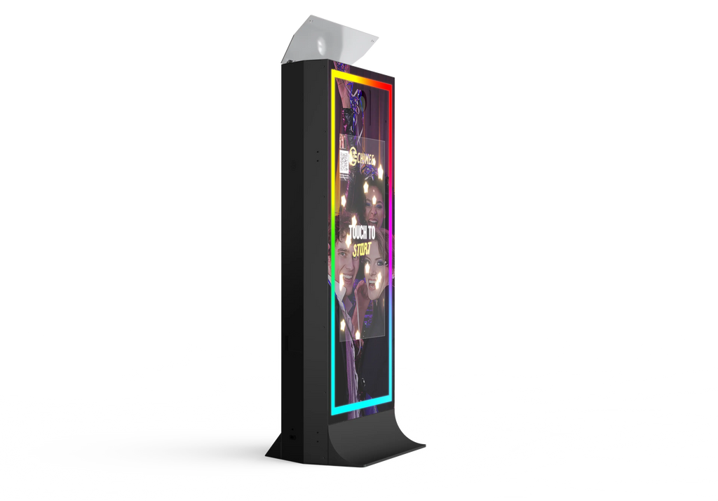 Black photo booth tower mirror with glowing border and reflected portrait