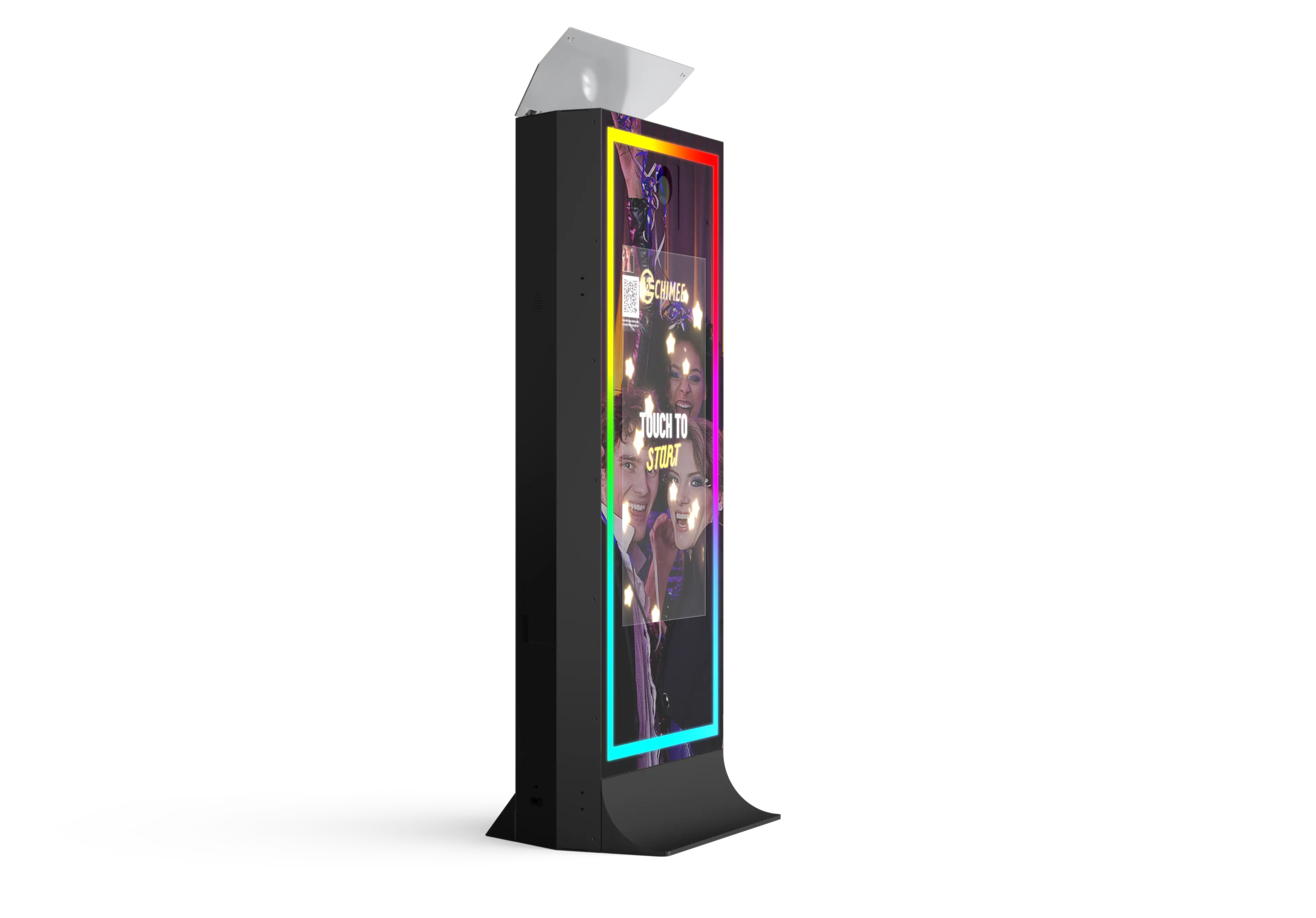 Black photo booth tower mirror with glowing border and reflected portrait