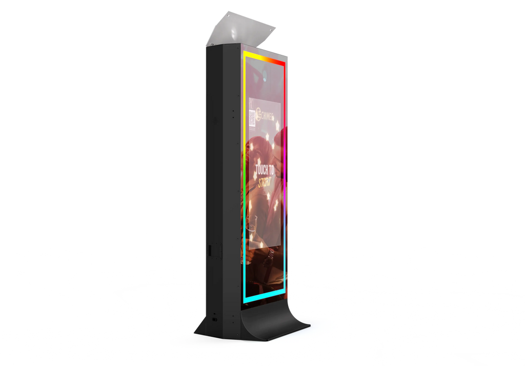 Black tower mirror photo booth with illuminated portrait screen