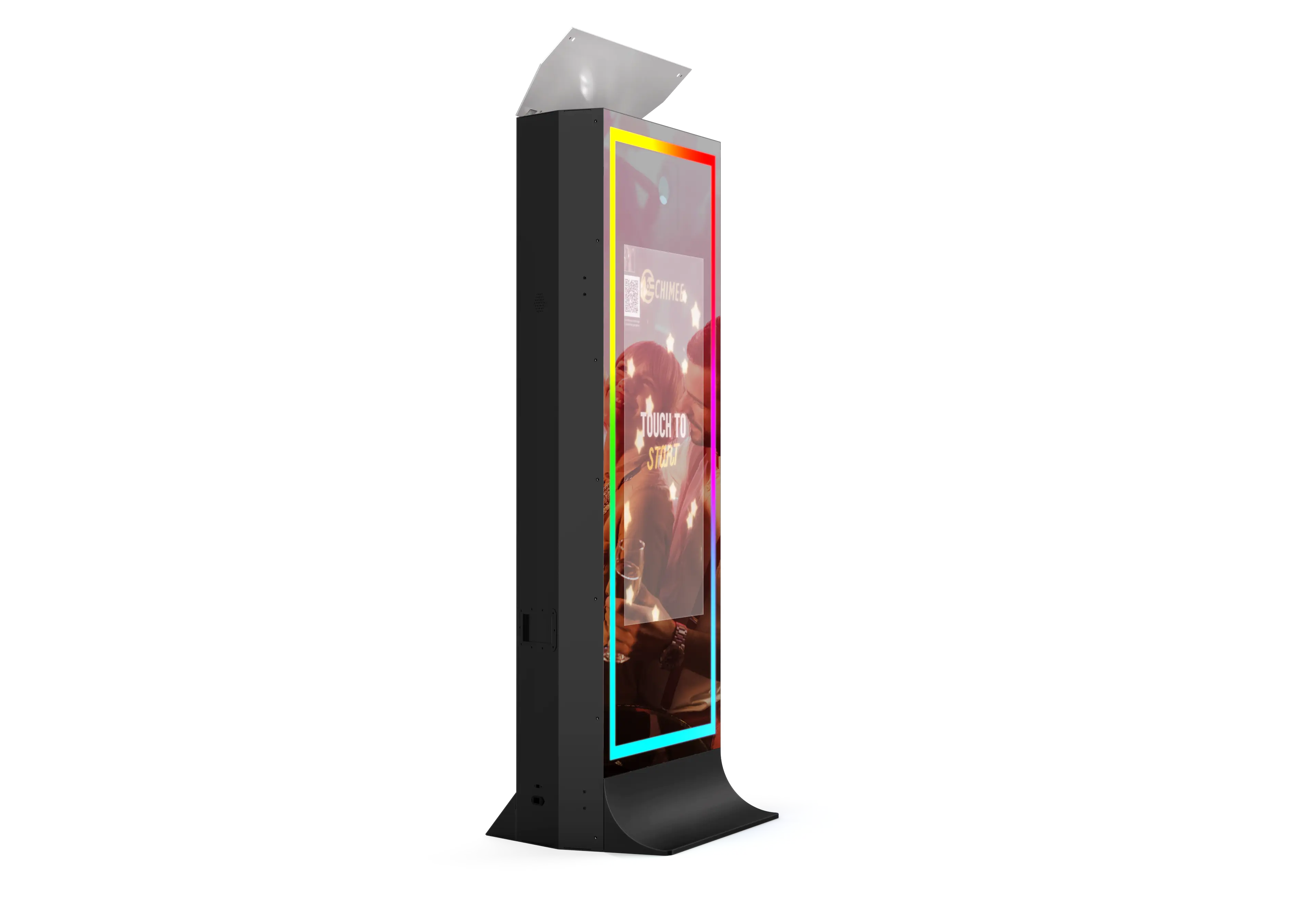 Black tower mirror photo booth with illuminated portrait screen