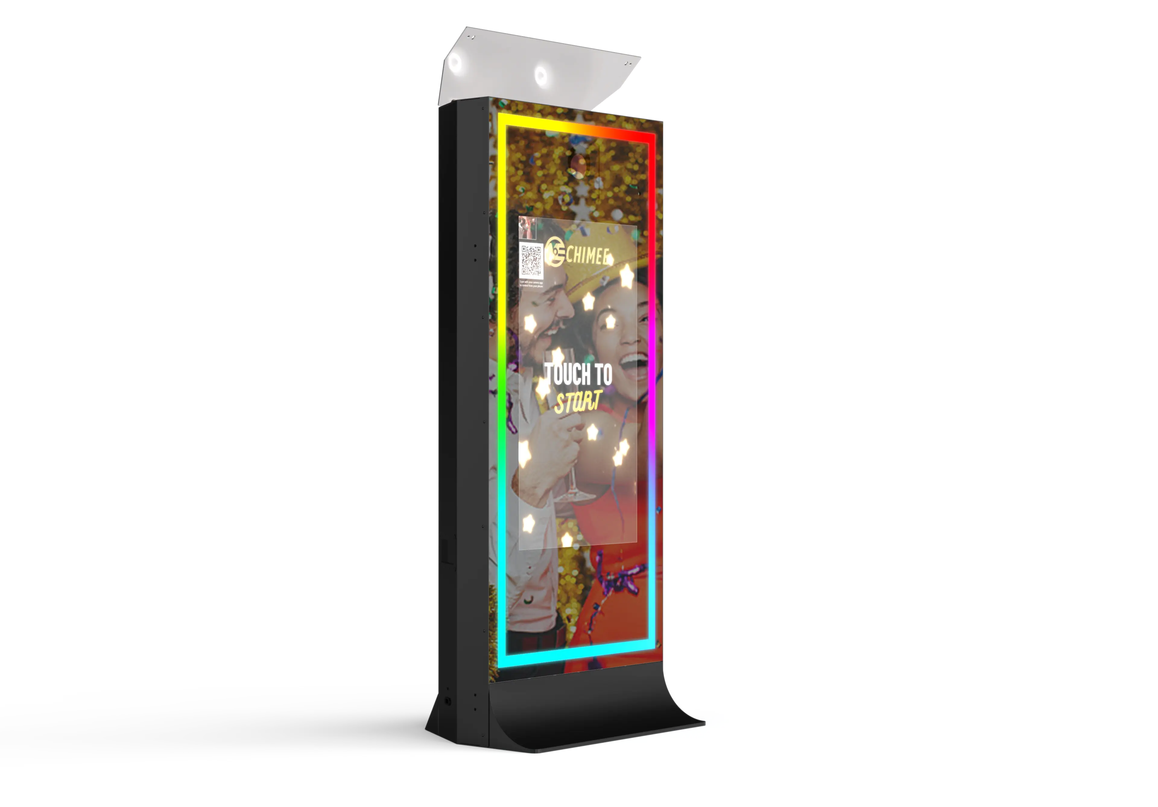 Black tower mirror photo booth with illuminated screen showing group photo