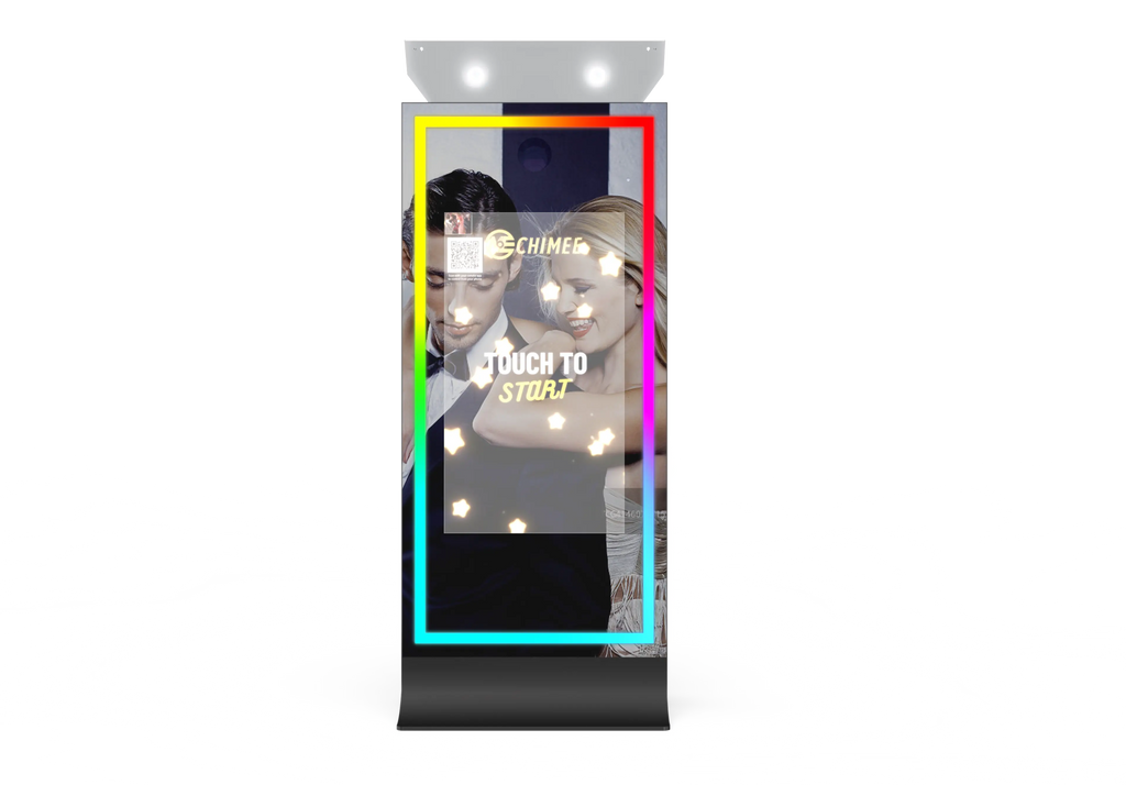 Black tower mirror photo booth with illuminated screen and Touch to Start prompt