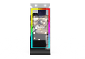 Black tower mirror photo booth with illuminated screen and Touch to Start prompt
