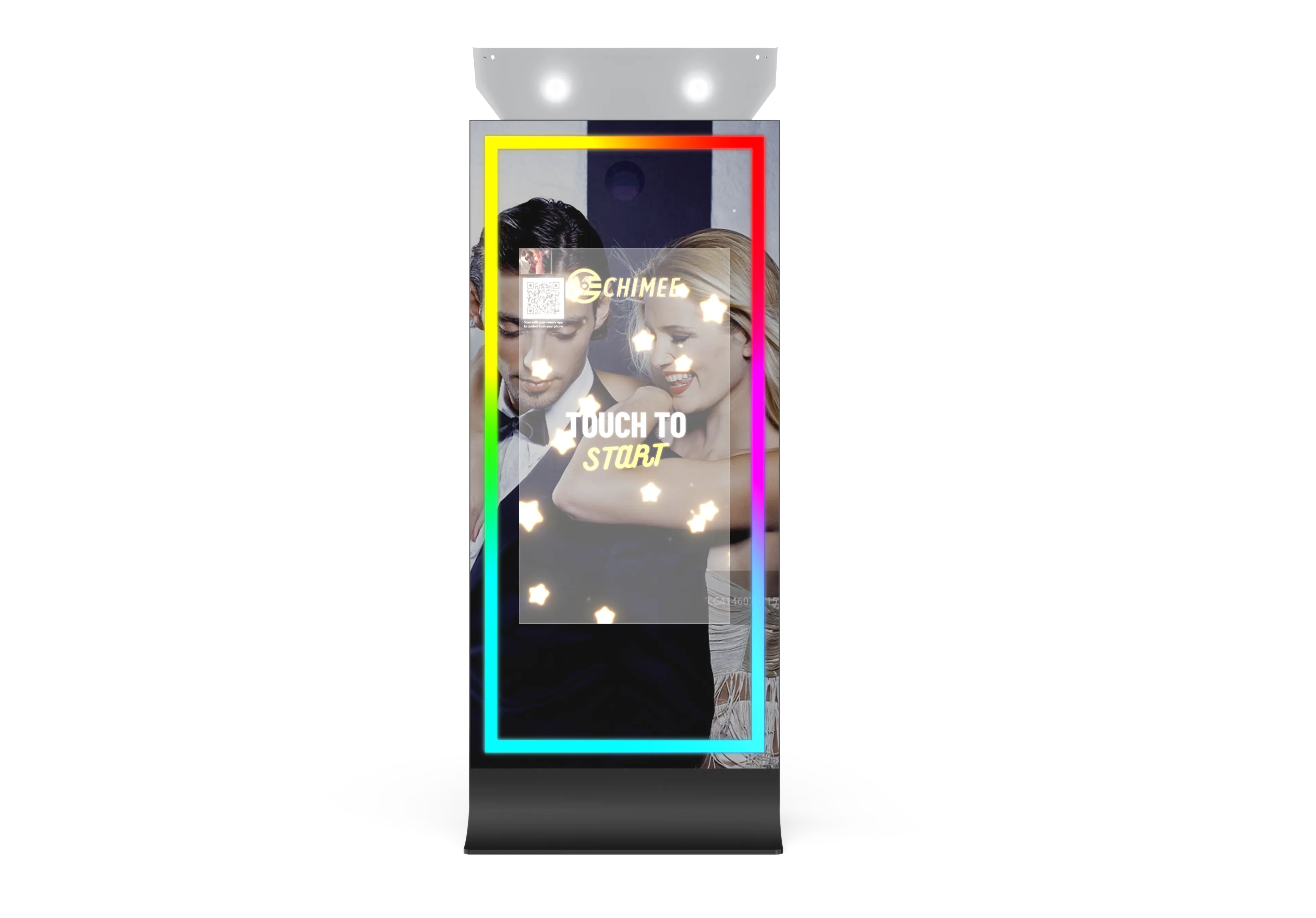 Black tower mirror photo booth with illuminated screen and Touch to Start prompt