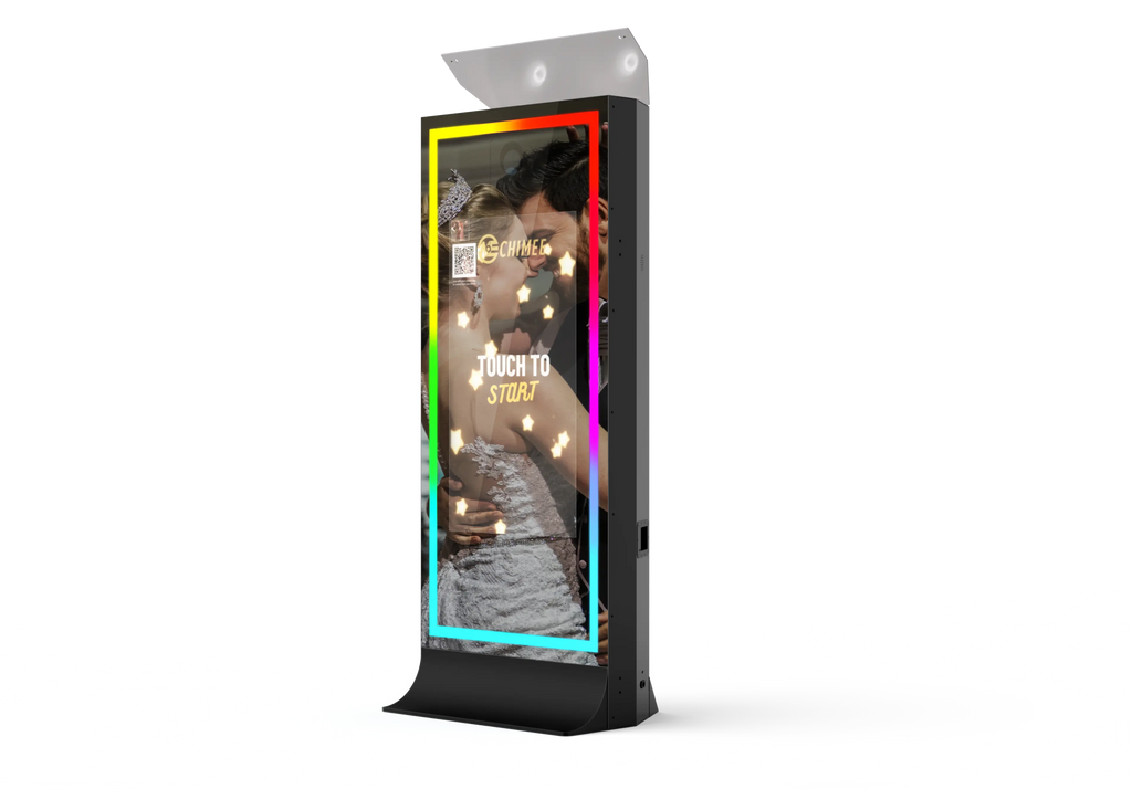 Black tower mirror photo booth with illuminated portrait screen and border
