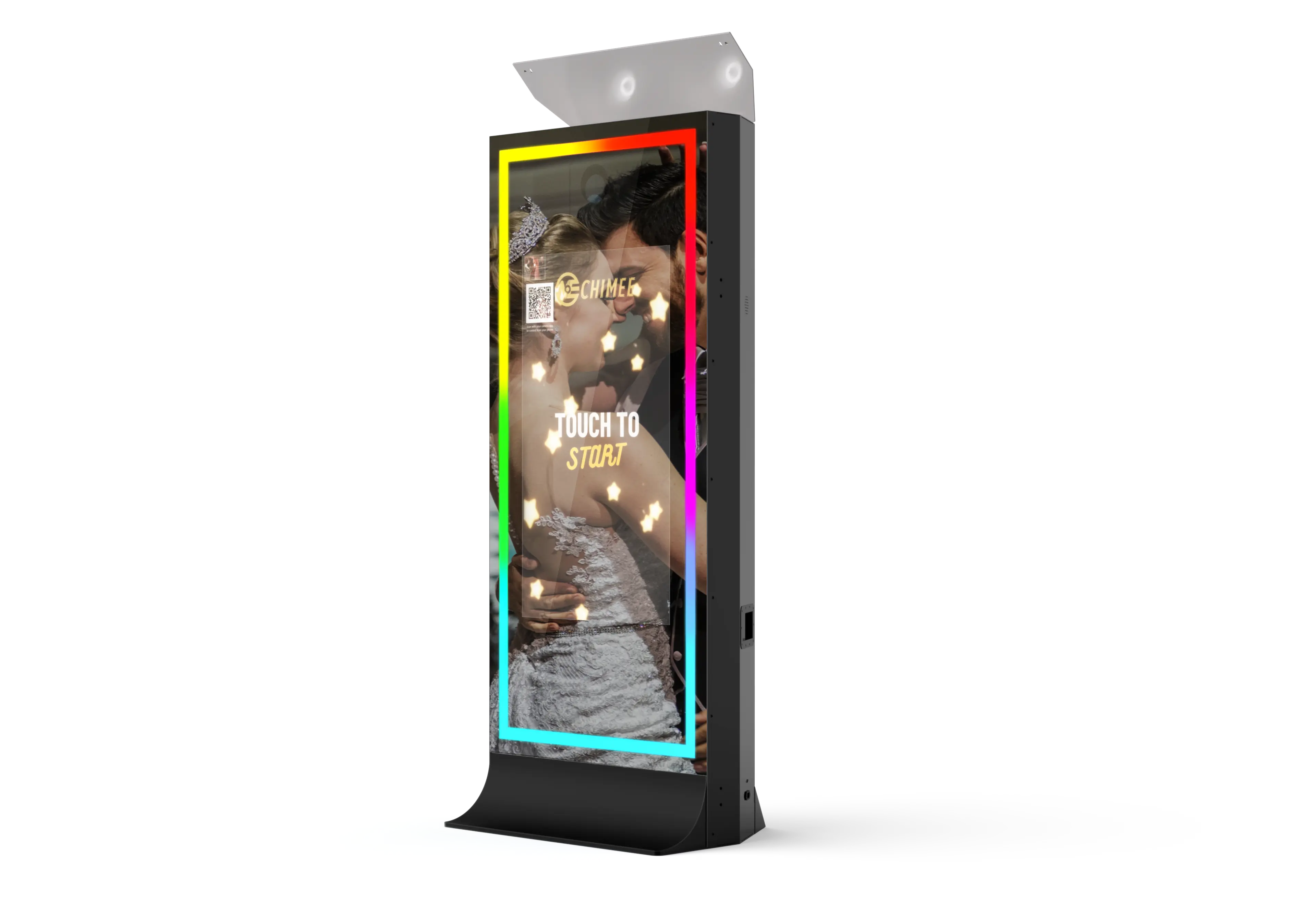 Black tower mirror photo booth with illuminated portrait screen and border