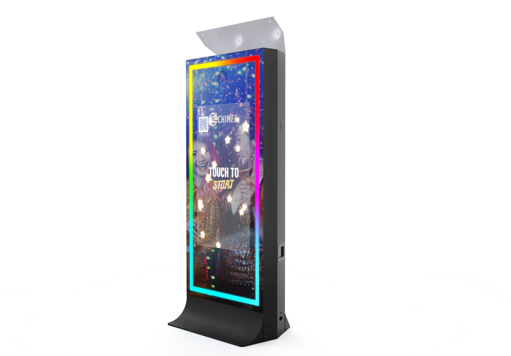 Black tower mirror photo booth with colorful illuminated screen