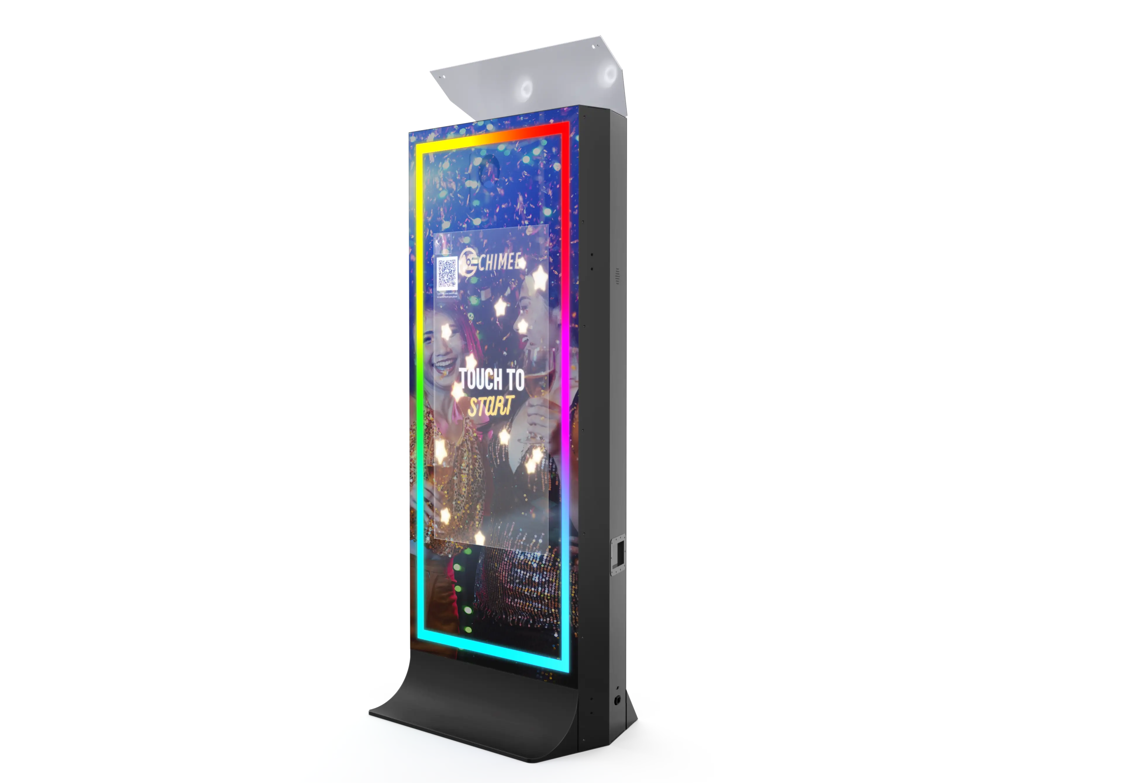 Black tower mirror photo booth with colorful illuminated screen
