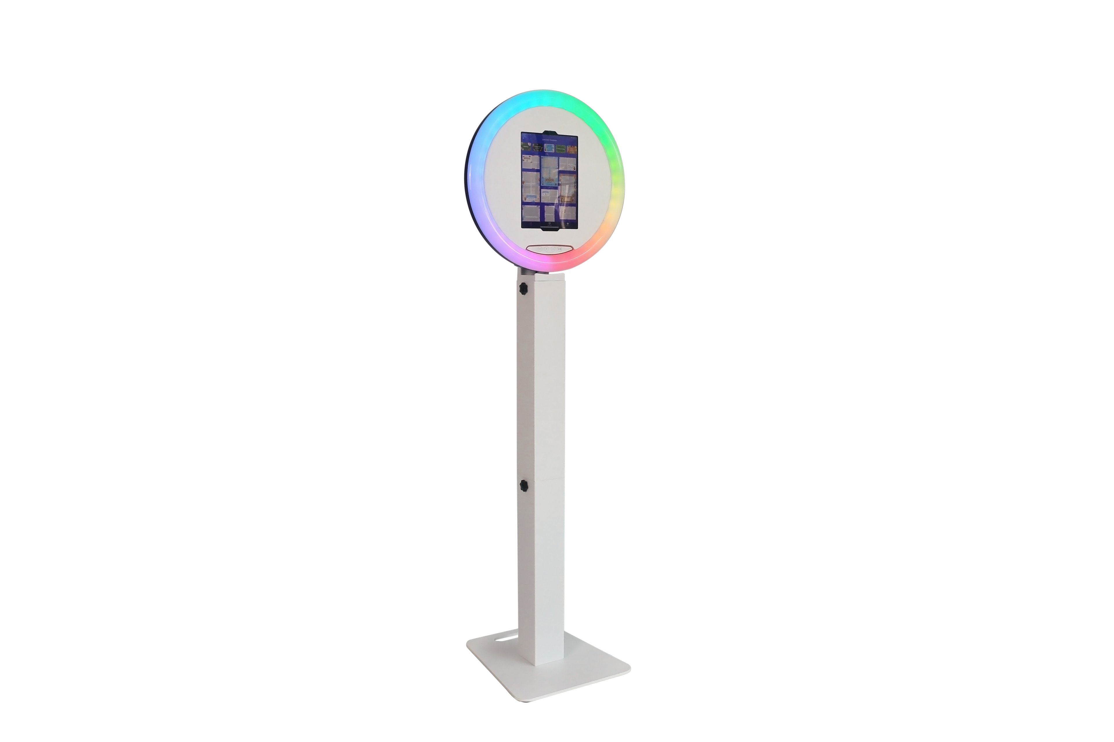DJPBS Round Roamer surface Pro and iPad photo booth setup, showcasing portable roaming photo booth with sleek design.