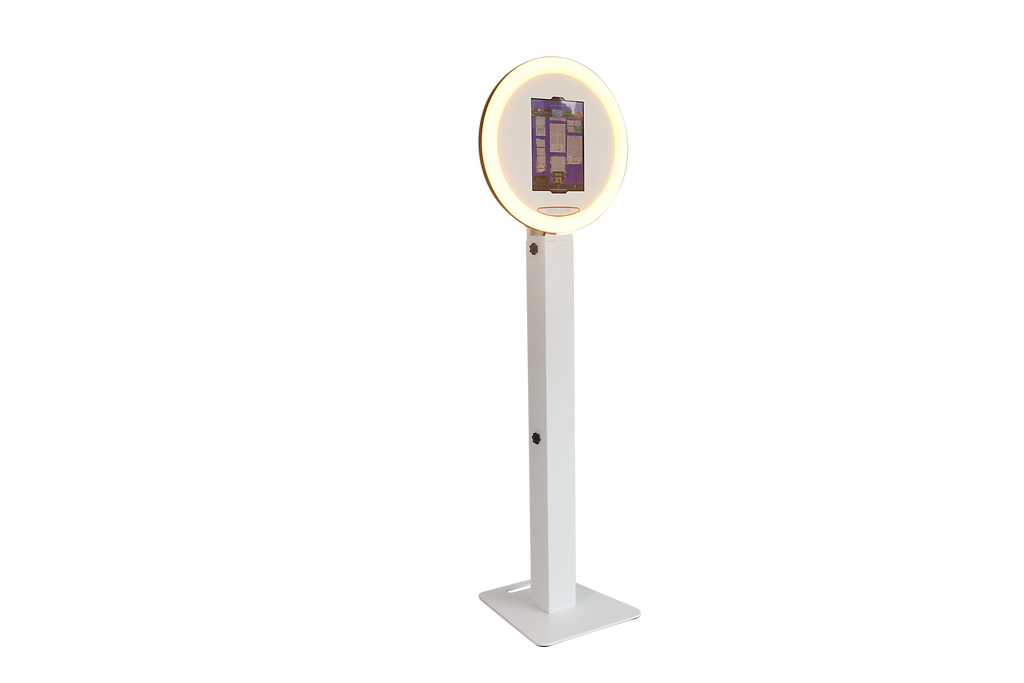 DJPBS M2-D iPad photo booth setup with round roaming surface for photo capturing by DJ and photo booth supply.