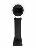 Black iPad photo booth stand with white LED ring and open display area